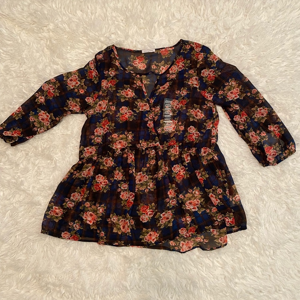 Floral and plaid sheer top
